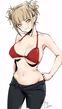 1girl artist_name bikini bikini_top_only blonde_hair blunt_bangs boku_no_hero_academia breasts closed_mouth collarbone commentary denim double_bun english_commentary hair_bun highres jeans large_breasts looking_at_viewer messy_hair navel pants red_bikini relaxjon simple_background smile solo swimsuit toga_himiko underboob white_background yellow_eyes