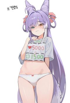1girl absurdres ahoge arm_at_side blue_eyes blush bow bow_panties brown_eyes closed_mouth commentary_request cone_hair_bun cowboy_shot crop_top cropped_shirt double_bun gluteal_fold grey_panties grey_shirt hair_bun hair_ornament hair_rings hand_up heterochromia highres korean_commentary long_hair multicolored_hair navel nbee_ya no_pants panties pom_pom_(clothes) pom_pom_hair_ornament purple_hair raised_inner_eyebrows shirt simple_background solo stellive straight_hair streaked_hair sweat t-shirt tenko_shibuki three-quarter_sleeves twitter_strip_game underwear variant_set very_long_hair virtual_youtuber white_background