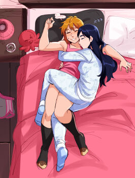2girls alt_text black_socks blue_hair blue_socks closed_eyes commentary double-parted_bangs english_commentary frogbians futari_wa_precure hand_up head_on_pillow highres hug kneehighs long_hair lying medium_hair misumi_nagisa multiple_girls on_back on_bed on_side orange_eyes pajamas pants parted_lips pillow pink_tank_top precure print_pajamas print_pants print_shirt shirt sketch sleeping small_sweatdrop socks tank_top white_pajamas white_pants white_shirt yukishiro_honoka yuri zzz