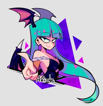 1girl aqua_eyes aqua_hair bat_wings blunt_bangs breasts cleavage closed_mouth commission darkstalkers demon_girl head_wings lips long_hair looking_at_viewer morrigan_aensland purple_wings reaching reaching_towards_viewer sideboob smile solo straight_hair very_long_hair wings yoyochaan