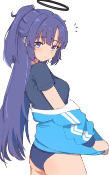 1girl absurdres ass binware black_halo blue_archive blue_buruma blue_jacket blue_shirt blush breasts buruma commentary halo highres jacket long_hair looking_at_viewer purple_eyes purple_hair shirt solo star_(symbol) star_sticker sticker track_jacket very_long_hair white_background yuuka_(blue_archive) yuuka_(track)_(blue_archive)
