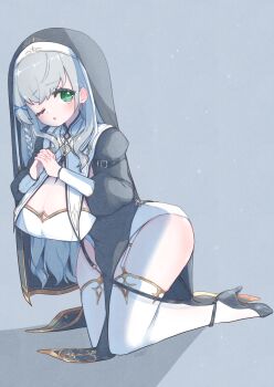 Rule 34 | 1girl, ;o, amari (ama shiiiiiiba), arched back, black dress, black shoes, black veil, blush, braid, breast curtains, breasts, cleavage, cleavage cutout, clothing cutout, commentary request, dress, full body, garter straps, gold trim, green eyes, grey background, grey hair, guimpe, highres, hololive, interlocked fingers, kneeling, large breasts, leaning forward, long dress, long sidelocks, long sleeves, looking at viewer, nun, official alternate costume, official alternate hairstyle, one eye closed, own hands clasped, own hands together, pelvic curtain, puffy long sleeves, puffy sleeves, shadow, shirogane noel, shirogane noel (battle nun), shoes, side braid, sidelocks, simple background, single braid, solo, straight hair, strappy heels, thighhighs, veil, virtual youtuber, white garter straps, white thighhighs