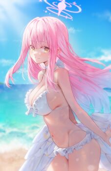 1girl absurdres beach bikini blue_archive breasts commentary frills halo highres kaze_22 korean_commentary large_breasts long_hair looking_at_viewer mika_(blue_archive) mika_(swimsuit)_(blue_archive) navel official_alternate_costume outdoors pink_hair solo swimsuit white_bikini white_wings wings yellow_eyes