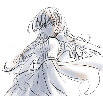 Rule 34 | 1girl, braid, breasts, closed mouth, commentary request, dress, earrings, from below, hair between eyes, happy, highres, hisakawa hayate, idolmaster, idolmaster cinderella girls, jewelry, light blush, long hair, looking down, simple background, smile, solo, u4 99384295, white background