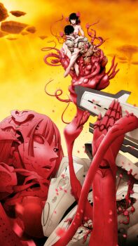 1boy 1girl alien bad_end benisuzume_(gauna) black_hair breasts clothed_male_nude_female floating_island floating_rock gauna gauna_491 highres j-unit_(lilykiss) large_breasts nude outdoors sidonia_no_kishi tagme tentacles