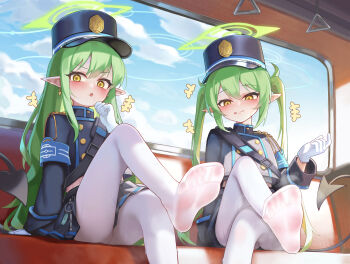 +++ 2girls :o absurdres black_jacket black_shorts black_skirt blue_archive blush chinese_commentary commentary_request commission crossed_legs demon_horns earrings green_hair halo hand_grip highres hikari_(blue_archive) hongshi_(13234456009) horns jacket jewelry long_hair looking_at_viewer multiple_girls nozomi_(blue_archive) pantyhose pixiv_commission pointy_ears shorts siblings single_earring sisters sitting skirt straight_hair sweat tongue tongue_out train_interior twins twintails very_long_hair white_pantyhose yellow_eyes