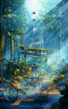 1girl abandoned absurdres architecture branch bush concept_art day east_asian_architecture fantasy forest grass green_hair highres holding holding_staff japanese_clothes leaf long_hair moss nature original outdoors overgrown pants plant rei_(lappy_mofumofu) rock rope ruins scenery shrine staff stairs standing stone_lantern stone_stairs sunlight torii tree water wide_sleeves