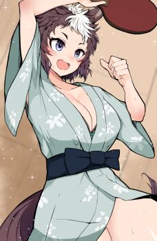 1girl akizuki_shigure animal_ears arm_up blurry blurry_background blush bra bra_peek breasts brown_hair cleavage commentary_request cowboy_shot highres holding holding_table_tennis_paddle horse_ears horse_girl horse_tail japanese_clothes kimono large_breasts looking_ahead mejiro_ryan_(umamusume) multicolored_hair open_mouth paddle paid_reward_available purple_eyes sash short_hair solo sweat table_tennis_paddle tail two-tone_hair umamusume underwear white_hair
