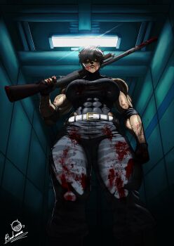 1girl absurdres artist_logo artist_name belt biceps black_gloves black_leotard blood blood_on_arm blood_on_clothes blood_on_face bloody_weapon bread_winnarr breasts ceiling_light closed_mouth commentary covered_abs dark deltoids english_commentary eyes_in_shadow feet_out_of_frame fingerless_gloves fluorescent_lamp from_below gloves glowing glowing_eyes grey_pants gun hallway highres holding holding_gun holding_weapon impossible_clothes impossible_leotard indoors knee_wrap large_breasts leotard logo looking_at_viewer muscular muscular_female original pants pump_action selene_williams_(titanstrider) shade short_hair shotgun signature solo standing taut_leotard v-shaped_eyebrows weapon white_belt white_hair yellow_eyes