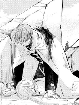 Rule 34 | 1boy, 1girl, black jacket, black pants, blood, blood on clothes, blood on face, capelet, cloak, commentary request, earrings, elf, frieren, greyscale, hair between eyes, hatching (texture), highres, himmel (sousou no frieren), injury, jacket, jewelry, long hair, looking at another, monochrome, pants, parted bangs, pointy ears, protecting, short hair, sousou no frieren, thick eyebrows, twintails, twitter username, white capelet, white cloak, yui skyprism