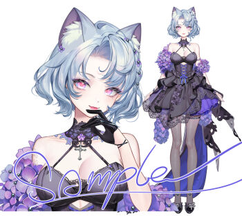 1girl :3 absurdres animal_ear_fluff animal_ears animated anklet bare_shoulders bead_anklet beads belt belt_buckle black_belt black_collar black_gloves black_shoes bow braid breasts buckle cat_ears chinese_commentary cleavage closed_mouth clothing_cutout collar collarbone commentary_request cross cross-laced_clothes cross-laced_dress detached_collar detached_sleeves dot_nose dress eyelashes flower flower_sleeves footwear_bow frilled_footwear full_body gloves grey_bow grey_pantyhose hair_beads hair_flower hair_ornament half_gloves halter_dress halterneck hand_on_own_chin happy highres jewelry knees lace_collar large_breasts latex latex_gloves light_blush lipstick live2d looking_at_viewer makeup miniskirt mole mole_under_eye multiple_views original pantyhose parted_bangs pink_eyes pink_lips pleated_skirt puffy_short_sleeves puffy_sleeves purple_bow purple_collar purple_flower purple_skirt red_pupils sample_watermark see-through_pantyhose shanwenyufan shoes short_dress short_sleeves simple_background single_braid skirt smile standing straight-on striped_clothes striped_skirt thigh_belt thigh_strap train_(clothing) two-tone_collar upper_body vertical-striped_clothes vertical-striped_skirt virtual_youtuber waist_bow watermark white_background