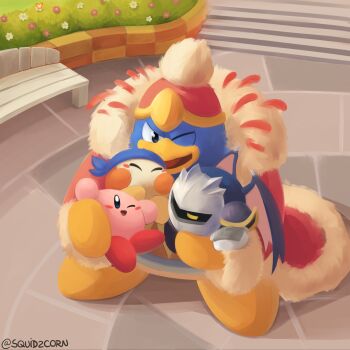 ^_^ annoyed armor artist_name bandana bandana_waddle_dee beak beanie bench black_eyes blue_bandana blush_stickers bug bush butterfly closed_eyes cobblestone day demon_wings feather_trim flower fur-trimmed_robe fur_trim gloves group_hug happy hat highres hug insect king_dedede kirby kirby_(series) kirby_and_the_forgotten_land mask meta_knight nintendo no_humans one_eye_closed open_mouth outdoors park pauldrons pink_wings pom_pom_(clothes) purple_flower red_hat red_robe robe shadow shoulder_armor smile squid2corn stairs white_flower white_gloves white_mask wings