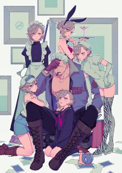 1boy 5girls :o absurdres animal_ear_hairband animal_ears animal_print apron arm_on_another&#039;s_leg arm_rest arm_up asymmetrical_bangs bag baseball_cap belt black_dress black_pants black_sailor_collar black_serafuku black_shirt black_skirt blue_jacket blue_shorts boots broom brown_belt brown_boots brown_gloves brown_shoes buttons cat_ear_hairband cat_ears cherry cigar clone clone_harem closed_eyes closed_mouth commentary_request den_den_mushi detached_collar double-breasted dress elbow_gloves facial_hair fake_animal_ears food frown fruit full_body fur-trimmed_jacket fur-trimmed_sleeves fur_trim gloves goatee_stubble grey_eyes hairband hand_on_another&#039;s_knee hat hetero high_heel_boots high_heels highres holding holding_behind_back holding_broom holding_hairband holding_tray jacket juliet_sleeves kabane_(rjev8385) kneeling lace-up_boots leaning leotard loafers long_dress long_sleeves maid maid_apron maid_headdress margarita mouth_hold multiple_girls muscular muscular_male neckerchief no_shirt no_smoking nurse_cap oc_x_canon on_suitcase one_piece open_clothes open_jacket pants pectorals picture_frame playboy_bunny ponytail print_thighhighs puffy_short_sleeves puffy_sleeves rabbit_ear_hairband rabbit_ears red_leotard red_neckerchief sailor_collar school_uniform seiza serafuku shirt shoes shopping_bag short_dress short_hair short_ponytail short_sleeves shorts sitting skirt sleeveless sleeveless_shirt small_sweatdrop smoker_(one_piece) smoking snail standing stubble suitcase swept_bangs thighhighs tray white_apron white_dress white_hair white_hat white_shirt white_thighhighs zebra_print