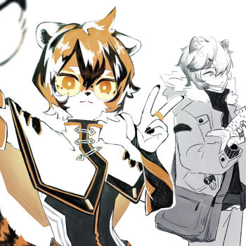 1boy 1girl :3 animal animal_ears arknights bear_boy bear_ears black_hair black_nails capelet coat commentary_request fish fur_trim furry furry_female glasses highres holding holding_animal jacket jaye_(arknights) looking_at_viewer mask mouth_mask mugioec multicolored_fur multicolored_hair orange-tinted_eyewear orange_eyes orange_hair round_eyewear selfie short_hair simple_background sunglasses tail tiger_ears tiger_girl tiger_tail tinted_eyewear v w waai_fu_(arknights) white_background white_capelet white_fur white_hair