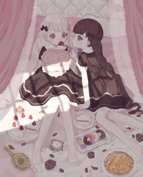 2girls alarm_clock back_bow black_bow black_dress black_flower black_hair black_nails black_rose bow cake clock commentary_request contrast_collar curusucururi donut dress feeding flower food fork fruit hair_bow hand_mirror highres holding holding_fork indoors lolita_fashion long_hair looking_at_object looking_at_viewer looking_down looking_to_the_side macaron mirror multiple_girls nail_polish on_bed original pantyhose petals pie pillow plate puffy_short_sleeves puffy_sleeves purple_eyes rose short_sleeves sitting strawberry strawberry_shortcake swept_bangs tray twintails twitter_username very_long_hair white_hair white_pantyhose window_shadow