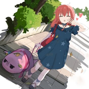 2girls bareichan bending blue_choker blue_dress bobby_socks bocchi_the_rock! bush choker closed_eyes colored_skin cube_hair_ornament dress frilled_dress frilled_sleeves frills from_above full_body gloom_(expression) gotoh_hitori gotoh_hitori_(tsuchinoko) hair_between_eyes hair_ornament happy heart holding holding_leash jitome kita_ikuyo leaf leaf_on_head leash long_hair mary_janes multiple_girls official_alternate_costume outdoors pet_walking pink_skin red_hair ribbon_choker shoes short_sleeves sidelocks sidewalk socks star_(symbol) star_print sunlight tree tree_shade walking waving