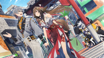 2boys 4girls adjusting_eyewear animal_ear_fluff animal_ears armband bare_shoulders beizi_(clothing) belle_(delicate_sunlight)_(zenless_zone_zero) belle_(zenless_zone_zero) binoculars black_fur black_gloves black_unitard blonde_hair blue_hair bow bracelet breasts brown_hair brown_tail chinese_clothes cleavage closed_mouth collar colored_inner_hair commentary_request cross-laced_clothes cross-laced_top dress dress_over_shirt droopy_ears earrings fat fat_man fingerless_gloves frilled_armband frilled_collar frilled_shirt frilled_shirt_collar frills furry furry_male gloves green_eyes grey_hair grey_jacket grey_pants hair_between_eyes hair_ornament hairband hairpin hiding highres holding holding_binoculars holding_hands jacket jewelry ju_fufu large_breasts leg_tattoo letter_hair_ornament long_hair long_skirt looking_at_another mask mouth_mask multicolored_fur multicolored_hair multicolored_hairband multiple_boys multiple_girls official_alternate_costume open_mouth orange_dress outdoors pan_yinhu panda_boy panda_ears pants red_bag red_eyes red_hairband red_skirt shirt short_hair skirt somehira_katsu spiked_bracelet spikes striped_fur striped_hair sunglasses tail tail_bow tail_ornament tattoo thigh_strap tiger_ears tiger_girl tiger_stripes tiger_tail white_armband white_fur white_hair white_hairband white_mask wise_(soaring_crane)_(zenless_zone_zero) wise_(zenless_zone_zero) wok ye_shunguang ye_shunguang_(touch_of_dawnlight) yellow_jacket yin_yang_pin yixuan_(zenless_zone_zero) zenless_zone_zero