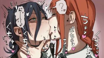 2girls braid braided_ponytail chainsaw_man closed_eyes green_eyes kiss makima_(chainsaw_man) multiple_girls purple_hair red_hair reze_(chainsaw_man) sound_effects yuri