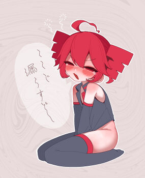 1girl ahoge banananosongen black_shirt black_sleeves black_thighhighs blush collared_shirt detached_sleeves drill_hair full_body hair_between_eyes highres kasane_teto kasane_teto_(utau) kneeling nude open_clothes open_mouth open_shirt red_eyes red_hair shirt sleeveless sleeveless_shirt solo speech_bubble tears thighhighs twin_drills utau wing_collar