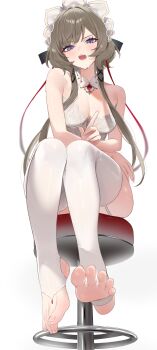 1girl absurdres bare_shoulders blue_eyes bra breasts feet foot_focus from_below genshin_impact grey_hair highres large_breasts looking_at_viewer maid_headdress on_stool sandrone_(genshin_impact) simple_background sitting soles solo stirrup_legwear stool thighhighs toeless_legwear underwear underwear_only vitaminechan white_background white_bra white_thighhighs