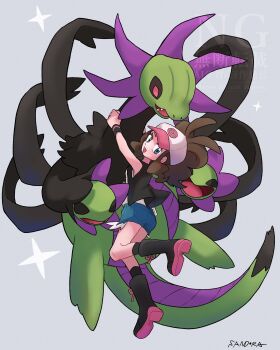 1girl absurdres alternate_color baseball_cap black_boots black_sclera black_socks black_vest blue_eyes boots brown_hair colored_sclera cutoffs denim denim_shorts dragon exposed_pocket fangs gen_5_pokemon hat high_ponytail highres hilda_(pokemon) hydreigon long_hair multiple_heads nintendo open_clothes open_mouth open_vest poke_ball_print pokemon pokemon_(creature) pokemon_bw ponytail red_eyes sandora_(karugamo_no_e) shiny_pokemon shirt short_shorts shorts sidelocks smile socks star_(symbol) vest white_shirt wristband