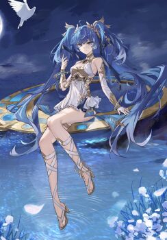 1girl absurdres bare_shoulders bird blue_eyes blue_hair bracelet breasts chinese_commentary closed_mouth commentary_request detached_sleeves dove dress flower full_body gold_trim hair_ornament high_heels highres iuno_(wuthering_waves) jewelry long_hair looking_at_viewer moon night sitting smile solo twintails very_long_hair water white_dress white_flower wuthering_waves yanyang_tangxindan