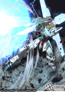 after_war_gundam_x copyright_logo copyright_name copyright_notice crimson_(cxrss377) debris electricity energy_cannon firing green_eyes gundam gundam_card_game gundam_x holding holding_cannon holding_weapon logo mecha mecha_focus mobile_suit no_humans official_art robot satellite_cannon shoulder_cannon solo v-fin weapon