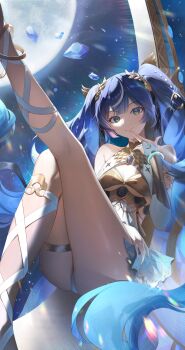 1girl bare_shoulders black_skirt blue_eyes blue_hair breasts bridal_gauntlets cleavage closed_mouth commentary_request crystal_shards finger_to_mouth gold_bra highres iuno_(wuthering_waves) jewelry kama_(kama_ovo) kneepits korean_commentary laurel_crown leg_up leg_wrap long_hair looking_at_viewer medium_breasts miniskirt multicolored_hair revision showgirl_skirt skirt smile solo streaked_hair thighlet thighs twintails vambraces very_long_hair white_bridal_gauntlets wuthering_waves