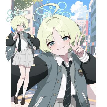 1girl :3 absurdres ahoge black_necktie blonde_hair blue_archive blue_halo blush closed_mouth collared_shirt day green_eyes green_hair grey_jacket grey_skirt halo highres jacket long_sleeves looking_at_viewer macki_kiki multiple_views necktie one_eye_closed open_clothes open_jacket open_mouth outdoors pleated_skirt ritsu_(blue_archive) shirt shoes short_hair skirt smile socks striped_necktie v w white_shirt white_socks