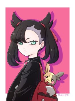 1girl aqua_eyes arms_at_sides artist_name asymmetrical_bangs backpack bag black_choker black_hair black_jacket border child choker earrings expressionless eyelashes female_focus flat_chest from_side gen_8_pokemon hair_ornament happy hepu2rabbits_(epuusa) high_heels jacket jewelry leather leather_jacket long_sleeves looking_at_viewer marnie_(pokemon) morpeko neck nintendo open_clothes open_jacket pale_skin pendant_choker pink_background pokemon pokemon_(creature) pokemon_on_back pokemon_swsh punk red_bag size_difference standing stud_earrings turning_head twintails undercut upper_body white_border