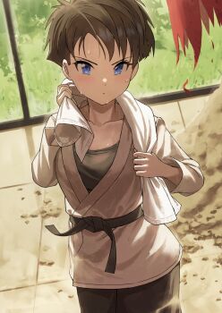 Rule 34 | 1girl, alternate costume, black hair, black pants, blue eyes, blush, closed mouth, collarbone, commentary request, dougi, dragon ball, dragonball z, fagi (kakikaki), highres, holding, holding towel, indoors, long sleeves, looking at viewer, pants, short hair, solo, sweat, towel, towel around neck, videl, window, wiping, wiping sweat