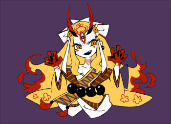 1girl 2018 arms_up bare_shoulders beads black_nails blonde_hair body_markings breasts claw_pose collarbone commentary cropped_torso earrings facial_mark fate/grand_order fate_(series) female_focus fingernails floral_print floral_print_kimono head_tilt horns ibaraki_douji_(fate) japanese_clothes jewelry kimono long_hair medium_breasts obi obijime prayer_beads print_kimono purple_background purple_sash sash sharp_fingernails sharp_teeth simple_background slit_pupils small_breasts solo teeth third_eye tony-curl-ff tsurime upper_teeth_only yellow_eyes yellow_kimono