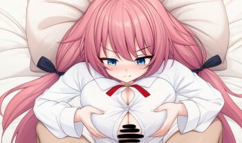 1boy 1girl :q bar_censor black_bow blue_eyes blush bow breasts breasts_squeezed_together button_gap censored cleavage closed_mouth collared_shirt commentary_request commission dutch_angle from_above ghost_villager grabbing_own_breast hair_between_eyes hair_bow hamidashi_creative head_on_pillow hetero highres large_breasts licking_lips long_hair long_sleeves low_twintails lying neck_ribbon nose_blush on_back on_bed paizuri paizuri_under_clothes pillow pink_hair pixiv_commission pov pov_crotch red_ribbon ribbon school_uniform shirt smile solo_focus split_mouth straddling_paizuri tokiwa_kano tongue tongue_out twintails upper_body v-shaped_eyebrows very_long_hair white_shirt