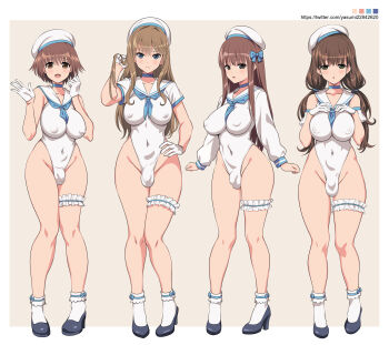 4girls :o ankle_socks beret black_eyes black_shoes blue_bow blue_choker blue_eyes blue_neckerchief border bow breasts brown_background brown_eyes brown_hair bulge choker closed_mouth color_guide commentary_request covered_erect_nipples covered_navel covered_testicles frilled_socks frilled_thigh_strap frills full_body futanari gloves green_eyes hair_bow hand_on_own_hip hands_on_own_chest hands_up hat high_heels highleg highleg_leotard highres holding_own_hair large_breasts legs leotard light_blush long_hair long_sleeves looking_at_viewer low_twintails multiple_girls neckerchief open_mouth original outside_border parted_lips pumps sailor_collar sailor_leotard shoes short_hair short_sleeves sleeved_leotard smile socks standing testicles thigh_strap twintails twitter_username very_long_hair watermark waving web_address white_border white_gloves white_hat white_leotard white_sailor_collar white_socks yasumi22842620