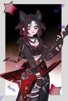 +_+ 1girl absurdres animal_ear_fluff animal_ears belt belt_buckle black_background black_belt black_choker black_gloves black_hair black_shirt black_skirt black_thighhighs border bracelet breasts brown_belt brown_eyes buckle chain chest_belt chinese_commentary choker cleavage collared_jacket commentary_request confetti counterflow_concerto_(infinity_nikki) cowboy_shot crop_top dot_nose electric_guitar extra_ears eyelashes fingerless_gloves fishnets gloves gradient_background grey_border grey_jacket grid_background guitar hair_rings hair_tie highres huaerdileichenghua infinity_nikki instrument jacket jewelry kemonomimi_mode leather leather_jacket light_blush lips long_skirt long_sleeves looking_at_viewer midriff multicolored_hair multiple_bracelets music necklace nikki_(series) open_clothes open_jacket open_mouth outside_border parted_bangs pink_lips playing_guitar playing_instrument print_skirt procreate_(medium) punk red_background red_belt red_hair red_shirt shirt short_hair_with_long_locks side_slit skirt sleeve_cuffs sleeveless sleeveless_shirt smile solo spiked_choker spikes standing star_(symbol) star_print streaked_hair studded_belt studded_bracelet thigh_belt thigh_strap thighhighs two-tone_background two-tone_hair two-tone_shirt wolf_ears