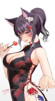 10_plus 1girl animal_ear_fluff animal_ears black_dress black_hair black_nails blush breasts candy cat_ears cat_girl china_dress chinese_clothes cleavage cleavage_cutout clothing_cutout commission dress english_text eyeshadow facial_mark floral_print flower food grey_hair hair_flower hair_ornament heart heart_hair_ornament highres holding holding_candy holding_food holding_lollipop large_breasts licking_lips lollipop looking_at_breasts makeup medium_hair multicolored_hair original ponytail red_eyes red_eyeshadow sidelocks simple_background skeb_commission sleeveless sleeveless_dress solo tattoo tongue tongue_out white_background