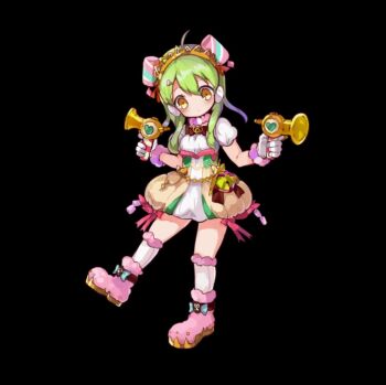 1girl ahoge black_background blush boots bow bowtie breasts brown_bow closed_mouth dress dual_wielding full_body green_hair gun hair_between_eyes hair_ornament holding holding_gun holding_weapon looking_at_viewer marshmallow_(merc_storia) medium_breasts merc_storia merc_storia_art_team official_art pink_boots puffy_short_sleeves puffy_sleeves short_sleeves sidelocks simple_background socks solo standing tachi-e tareme tiara w_arms weapon white_dress white_socks yellow_eyes