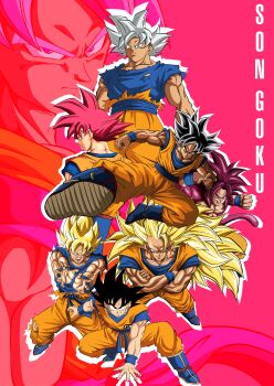 Rule 34 | 6+boys, absurdres, art jake, black hair, blonde hair, blue boots, blue sash, blue shirt, blue wrist cuffs, body fur, boots, character name, crossed arms, dougi, dragon ball, dragon ball daima, dragon ball super, dragonball z, evolutionary line, flying kick, green eyes, grey eyes, grey hair, highres, kamehameha (dragon ball), kicking, long hair, medium hair, multiple boys, muscular, muscular male, no eyebrows, orange pants, orange shirt, pants, red eyes, red fur, red hair, red tail, sash, shirt, son goku, spiked hair, super saiyan, super saiyan 1, super saiyan 3, super saiyan 4, super saiyan blue, topless male, torn clothes, torn shirt, ultra instinct, ultra instinct sign, wrist cuffs, zoom layer