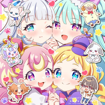 1boy 4girls blonde_hair blue_eyes blue_hair blunt_bangs bow braid brown_outline cat cheek-to-cheek chibi closed_mouth commentary_request crown crown_earrings cure_friendy cure_lillian cure_nyammy cure_wonderful dog dress earrings english_text eyelashes hair_bow hairband hat heads_together heart holding_hands inukai_iroha inukai_komugi inukai_komugi_(dog) jewelry light_blush light_smile long_hair looking_at_viewer magical_girl mehmeh_(wonderful_precure!) mini_hat multicolored_hair multiple_girls nekoyashiki_mayu nekoyashiki_yuki nekoyashiki_yuki_(cat) newsboy_cap nico-sama one_eye_closed open_mouth outline paw_print pink_eyes pink_hair precure puffy_short_sleeves puffy_sleeves purple_eyes rabbit sheep short_bangs short_sleeves side_ponytail signature smile split_mouth star_(symbol) straight_hair tareme toyama_daifuku toyama_daifuku_(rabbit) toyama_satoru twin_braids twitter_username two-tone_hair two_side_up unicorn upper_body watermark wavy_hair white_hair white_outline wonderful_precure! yellow_pupils yukinko_(yukiwork)