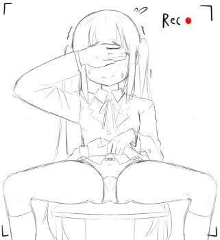 1girl buttons closed_mouth clothes_lift collared_shirt covering_own_eyes greyscale jacket k-on! loli long_hair madmex monochrome nakano_azusa panties recording ribbon school_uniform shirt sketch skirt skirt_lift smile solo sweat thighhighs twintails underwear very_long_hair