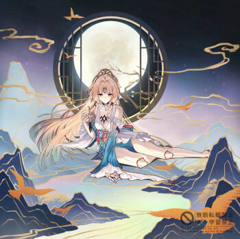 1girl absurdres android blonde_hair breasts cleavage commentary_request detached_sleeves doll_joints fins forehead_jewel full_moon head_fins headpiece highres honkai:_star_rail honkai_(series) joints long_hair looking_at_viewer moon pearl_(honkai:_star_rail) purple_eyes robot_girl robot_joints solo ssong990