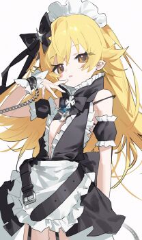 1girl apron belt black_belt black_bow black_skirt blonde_hair bow chain detached_sleeves flat_chest frills garter_straps hair_bow hair_flaps highres long_hair looking_at_viewer maid maid_apron maid_headdress measho monogatari_(series) open_belt oshino_shinobu pointy_ears simple_background skirt solo unconventional_maid waist_apron white_background white_headdress wrist_cuffs yellow_eyes