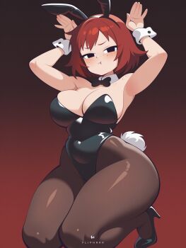 Rule 34 | animal ears, bow, bowtie, breasts, flipherrrr, freckles, gradient background, high heels, highres, kim pine, kneeling, large breasts, pantyhose, playboy bunny, pout, rabbit ears, rabbit pose, red hair, scott pilgrim (series), short hair, tagme, thick thighs, thighs