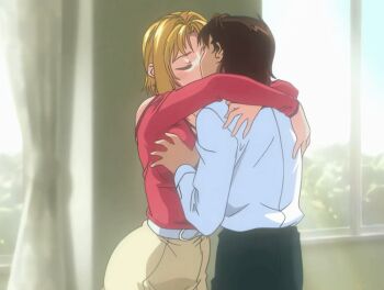 00s 1girl 2005 age_difference animated animated_gif anime_screenshot bare_shoulders belt between_breasts bible_black bible_black_new_testament blonde_hair blue_eyes breasts brown_hair cleavage closed_eyes cross cross_earrings dress earrings face_between_breasts groping groping_breast head_between_breasts hug jewelry kiss kitami_reika large_breasts lips lipstick makeup neck_strap older_female_and_younger_male red_dress school_nurse_and_student school_uniform shin_bible_black short_hair skirt stroking_hair tagme tears witch yamanishi_naoto