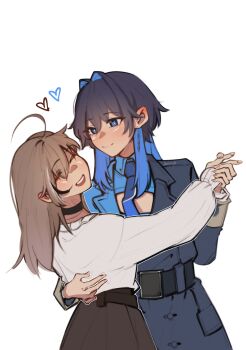 Rule 34 | 2girls, absurdres, black choker, black coat, black hair, blue eyes, blue hair, blue necktie, blue shirt, brown hair, brown skirt, choker, closed eyes, coat, collared shirt, commentary, dancing, earrings, english commentary, hair intakes, hand on another's waist, heart, highres, holding hands, hololive, jewelry, long hair, looking at another, multiple girls, nanashi mumei, necktie, open mouth, ouro kronii, owlpiyo, shirt, simple background, skirt, smile, virtual youtuber, white background, white shirt, yuri
