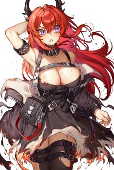 Rule 34 | 1girl, arknights, arm up, bare shoulders, black dress, black thighhighs, breasts, commentary request, cowboy shot, dress, hair between eyes, highres, infection monitor (arknights), large breasts, long hair, looking to the side, mwomwomwo, purple eyes, red hair, simple background, solo, standing, surtr (arknights), sweat, thighhighs, torn clothes, torn dress, torn thighhighs, white background