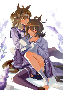 2girls absurdres agnes_tachyon_(umamusume) ahoge animal_ears bandaged_foot bandages boro^2 bow bowtie braid brown_hair closed_mouth coat flower hair_between_eyes hair_ornament hairclip half_up_braid half_up_half_down_braid highres horse_ears horse_girl horse_tail jungle_pocket_(umamusume) lab_coat long_sleeves medium_hair multiple_girls notched_ear pleated_skirt purple_sailor_collar purple_serafuku purple_shirt purple_skirt purple_thighhighs red_eyes sailor_collar sailor_shirt school_uniform serafuku shirt single_thighhigh skirt sleeves_past_fingers sleeves_past_wrists tail thighhighs tracen_school_uniform umamusume white_bow white_bowtie white_coat yellow_eyes