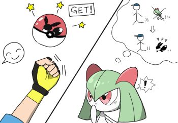 ! 1boy 1girl :o arrow_(symbol) bags_under_eyes clenched_hand colored_skin commentary disembodied_hand eevee english_commentary fingerless_gloves flat_chest gen_1_pokemon gen_3_pokemon gloves green_hair hair_between_eyes hand_to_own_mouth hand_up imagining kirlia male_protagonist_(pokemon_go) medium_hair monya nintendo open_mouth poke_ball poke_ball_(basic) pokemon pokemon_(creature) pokemon_go pov red_eyes sidelocks speech_bubble spoken_exclamation_mark spoken_expression star_(symbol) thought_bubble white_skin yellow_gloves