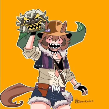 1girl black_bra black_gloves blue_shorts bra brown_hat brown_shirt commentary_request cosplay cowboy_shot cross-laced_bra ears_through_headwear fingerless_gloves flat_chest fur-trimmed_shorts fur_trim gloves hat horse_girl indiana_jones indiana_jones_(cosplay) indiana_jones_(series) lion_dance looking_at_viewer onikobe_rin open_mouth orange_background purple_vest sharp_teeth shinko_windy_(umamusume) shirt shishimai short_hair shorts simple_background smile solid_circle_eyes solo teeth umamusume underwear v-shaped_eyebrows vest