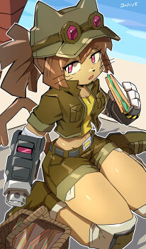 1girl :o absurdres animal_ears aq_gohan beach belt brown_hair cat_ears cat_girl cat_tail commentary_request dark-skinned_female dark_skin eating food furry furry_female gameoverse gauntlets goggles goggles_on_head hat highres kit_bodega kneeling looking_at_viewer navel ocean official_alternate_costume official_alternate_hairstyle outdoors ponytail red_eyes sand sandwich short_ponytail shorts tail tan whiskers